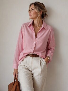 Croft & Barrow Petite PXL Pink White Striped 100% Cotton Button Down Shirt Blush